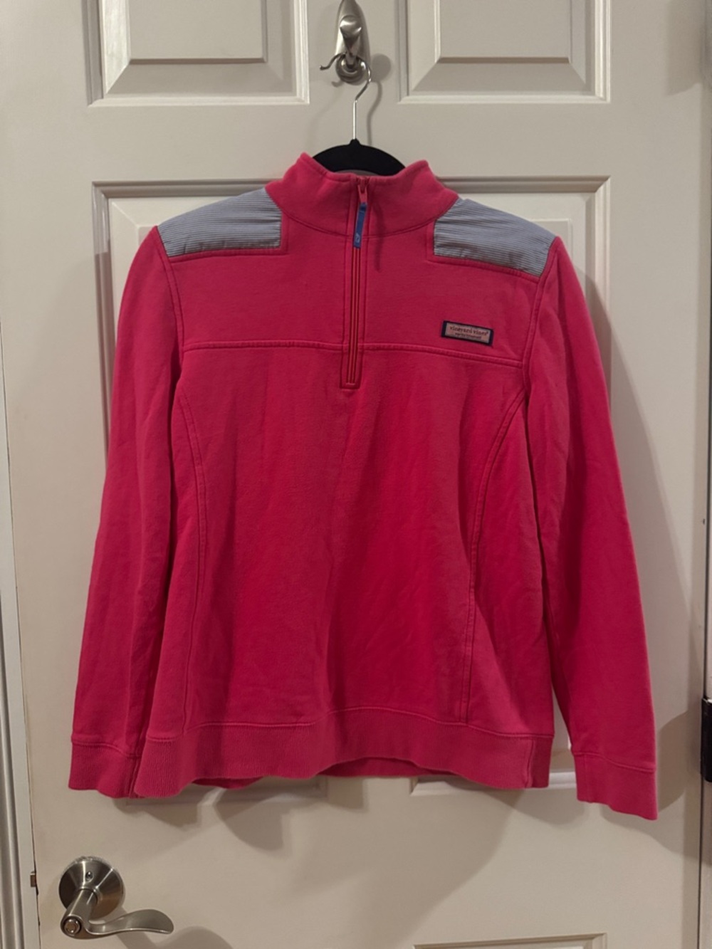 Vineyard Vines Hot Pink Quarter-Zip Pullover with Blue Stripes Shoulder Panels